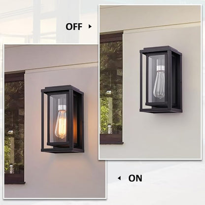 Cerdeco 12” Modern Outdoor Wall Sconce with Rectangular Metal Frame and Transparent Glass Shade,Black Outdoor Lighting for Garage Porch Patio Pack of 2(ETL Listed)