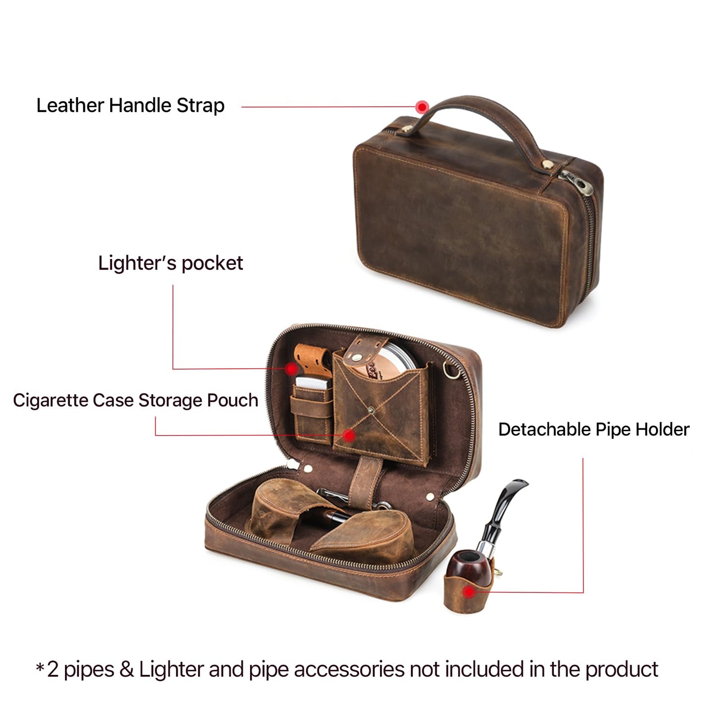 Hiram Leather Pipe Storage Bag Travel Smoking Accessories Organizer Case with Detachable Dual Pipe Holder Cigarette Case Pouch Lighters Pocket & Leather Handle Strap Portable Smoker Supply Carry Bag