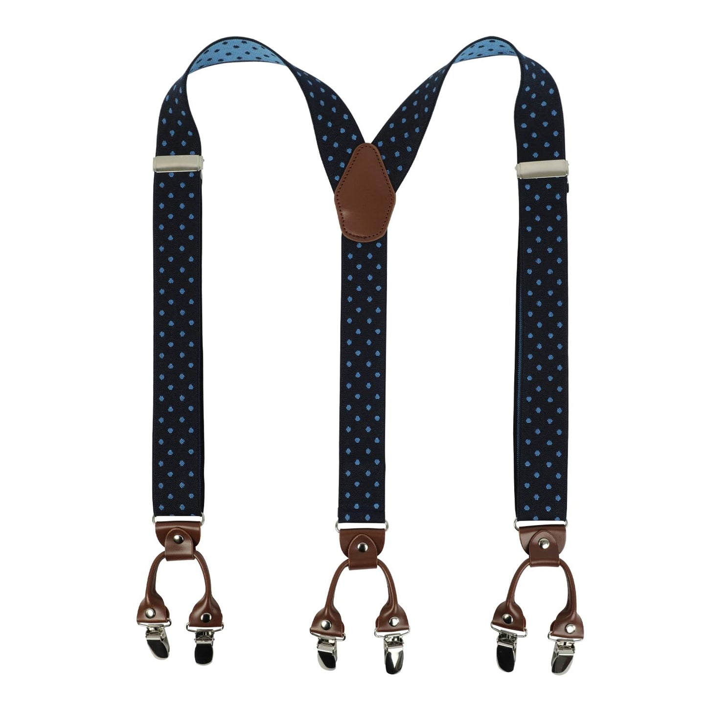 LEHOMU Suspenders for Men with leather 6 Heavy-Duty Clips, 1.4 Inches Wide Men's Suspenders Y-Back Adjustable Elastic Fit for Work or Casual Wear，Tibetan Blue Dots