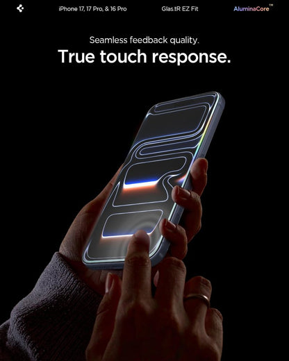 Spigen AluminaCore Tempered Glass Screen Protector [Glas.tR EZ Fit] designed for iPhone 17 Pro | iPhone 17 | iPhone 16 Pro [2 Pack] 9H+ Hardness, Aluminum-Enhanced Durability