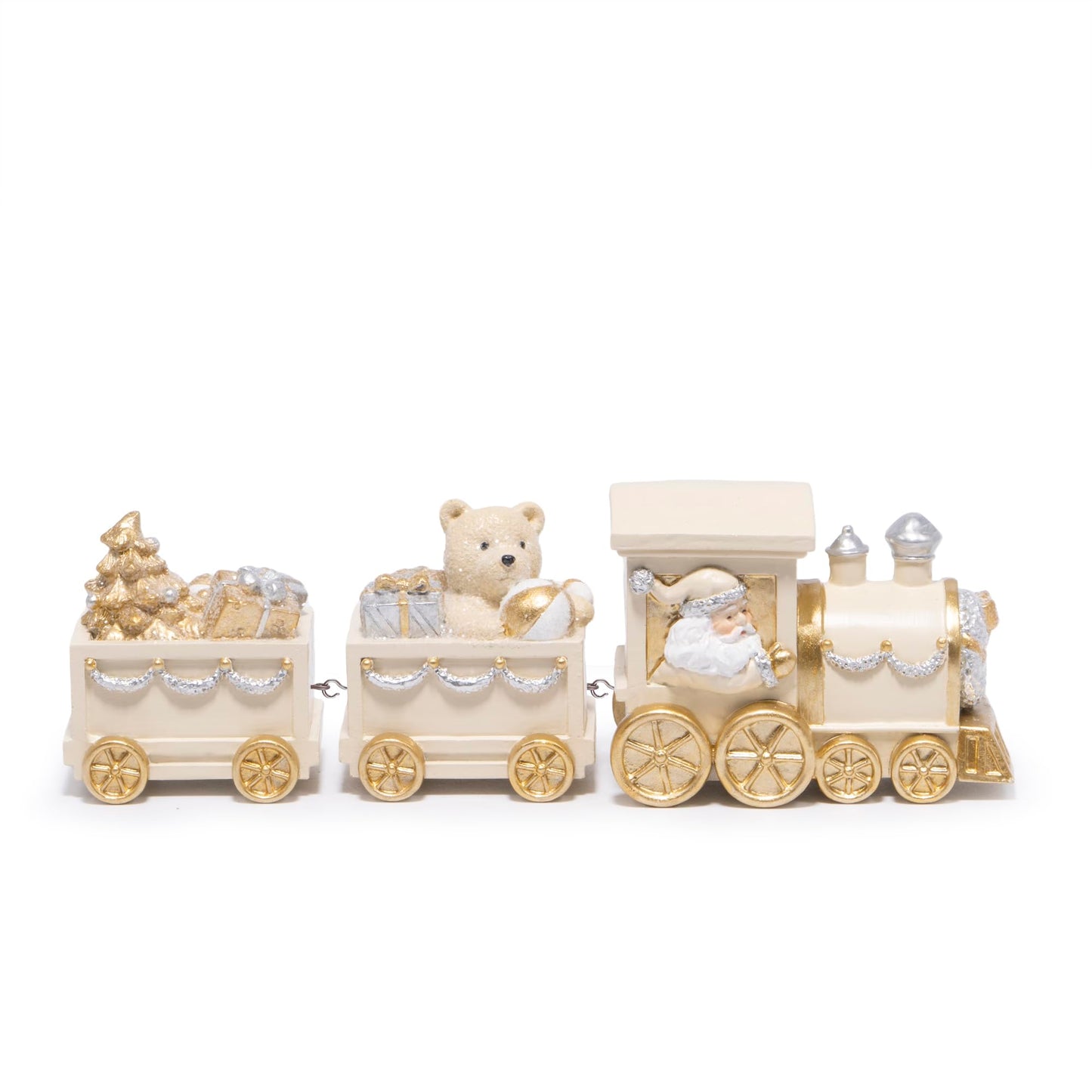Hodao White Gold Christmas Train Decorations – Elegant Hand-Painted Resin Santa Claus and Teddy Bear Train, Luxury Ornament for Tabletop, Mantel, Home Christmas Decor Display