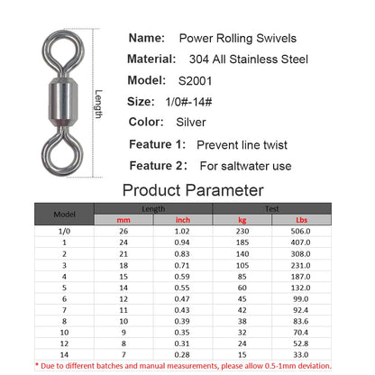 100 Pcs Fishing Swivels Saltwater, 100% 304 Stainless Steel Power Swivel Corrosion Resistance Barrel Swivels High Strength Freshwater Fishing Line Lure Leader Connectors (8# 0.39" / 80LB)