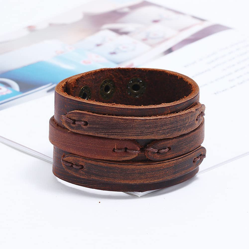 NIGHTCRUZ Punk Leather Cuff Bracelet, 2PCS Vintage Leather Wristband for Men Women