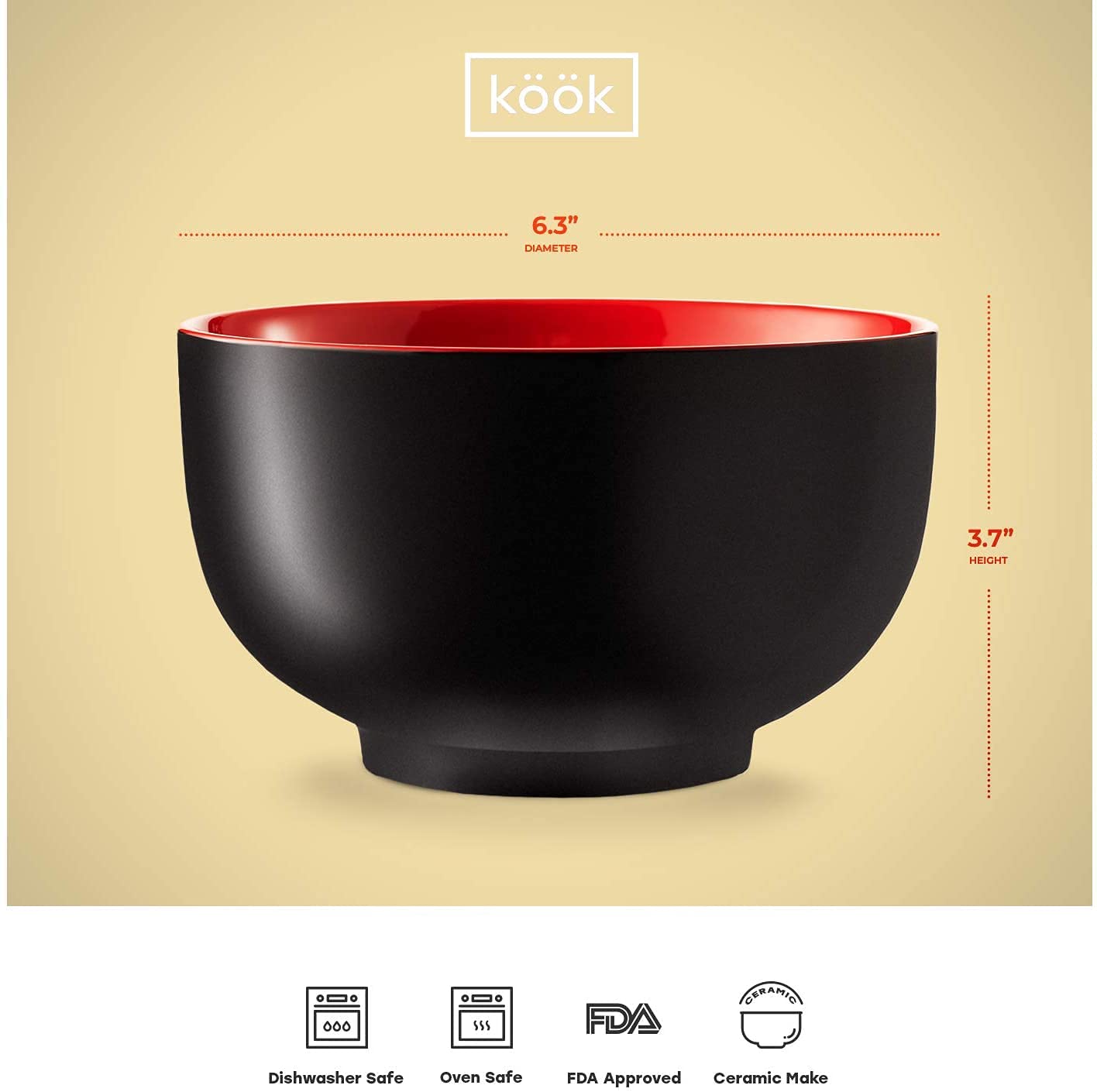 KooK Ramen Bowl, Japanese Bowls, Noodle Bowls, Large Soup Bowl, Ceramic, Large Capacity, For Ramen, Pho, Udon, Soba, Microwave and Dishwasher Safe, 34 oz, Set of 4 (Black/Red)