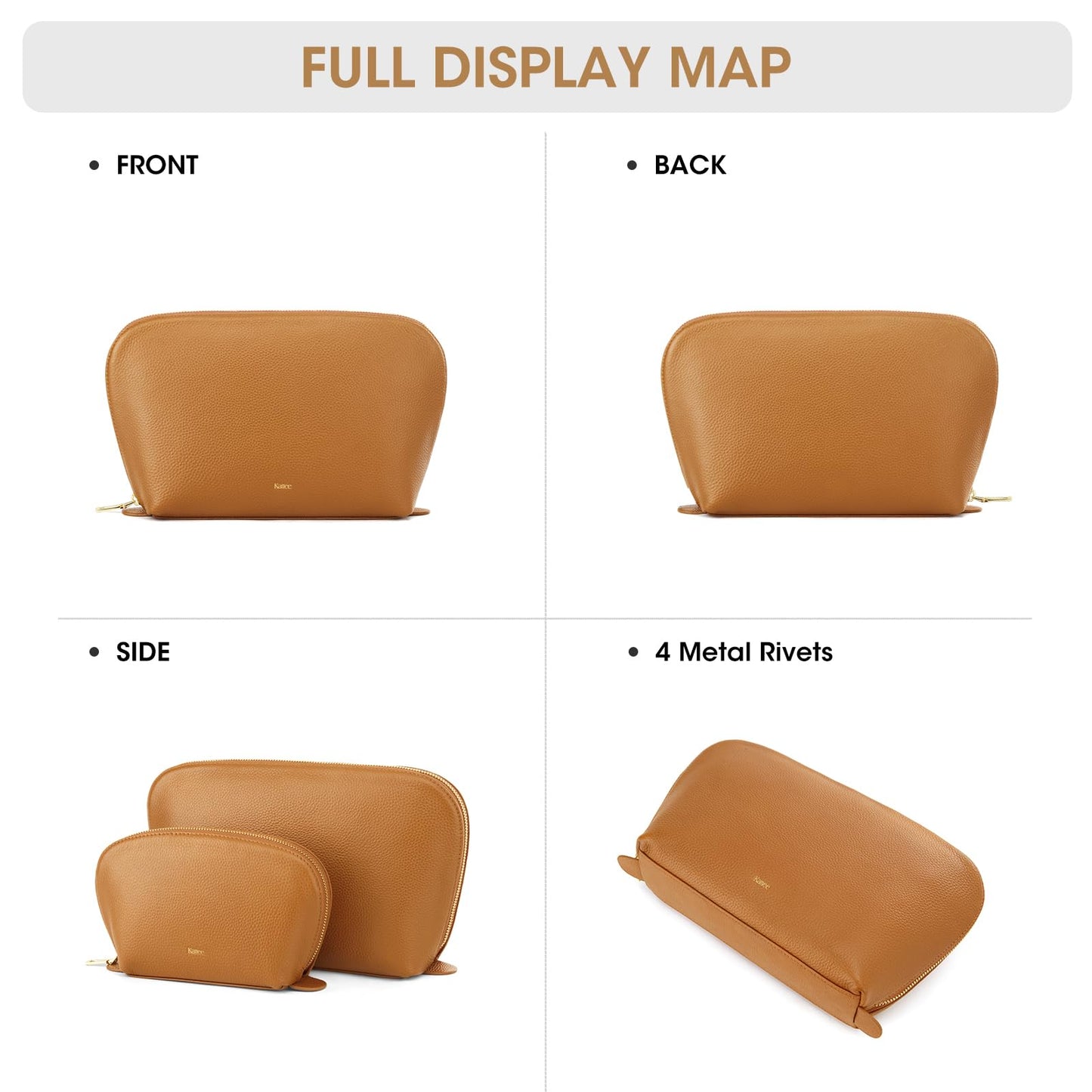Kattee Leather Makeup Bag, Travel Cosmetic Bag Set, Toiletry Bag Organizer for Women, 1-PACK, Medium, Brown