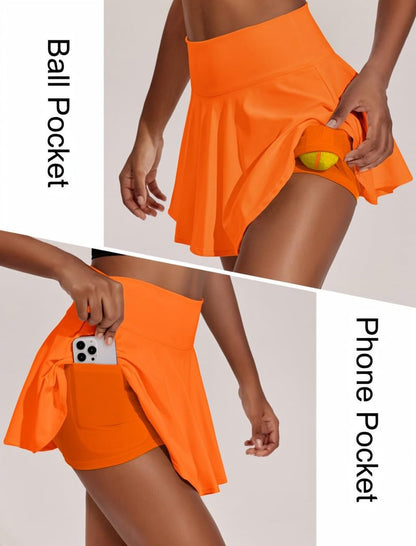 PINSPARK Womens Golf Skort with Pockets Shorts Breathable Tennis Skort High Waisted Pickleball Skirt, Orange Small