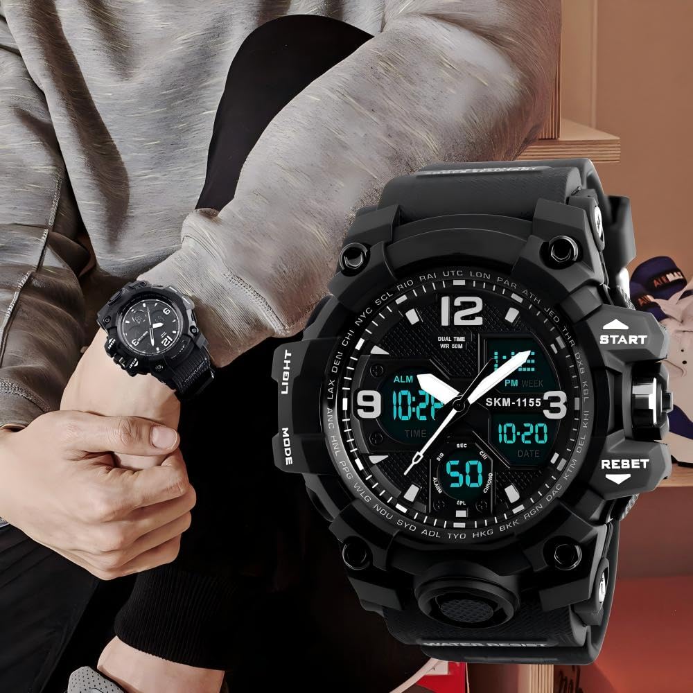 LYMFHCH Men's Analog Sports Watch, LED Military Digital Watch Electronic Stopwatch Large Dual Dial Time Outdoor Army Wrist Watch Tactical