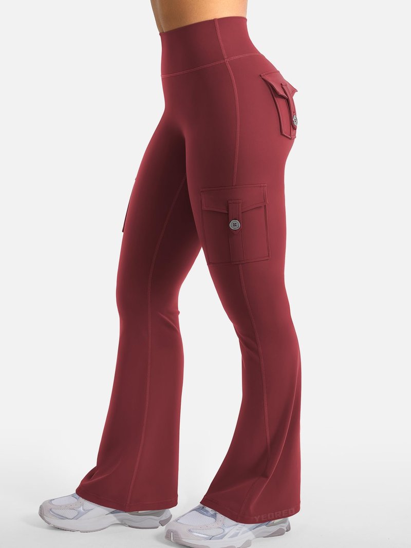 YEOREO CoreFlex Women Workout Flare Leggings with Pockets Hidden Scrunch High Waisted Cargo Gym Yoga No Front Seam Leggings Anchor Red L