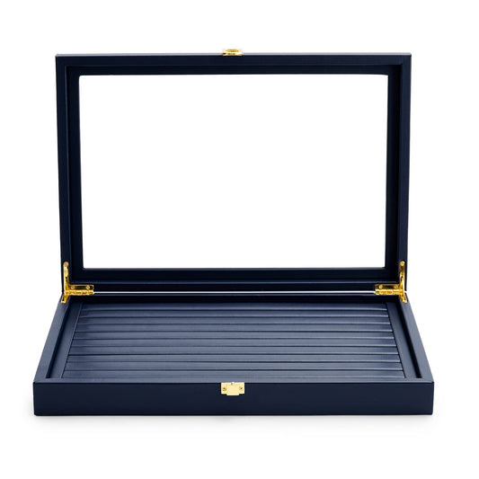 Oirlv Premium Blue Leather Rings Earrings Organizer Tray with Clear Lid Jewelry Display Box with Acrylic Lid Stackable Jewelry Box Drawer Inserts