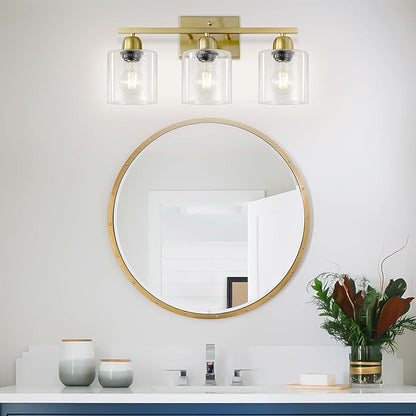 Modern Brushed Gold 3 Light Bathroom Light Fixtures, 19 inch Vanity Lights for Bathroom with Clear Glass for Mirror Kitchen Living Room Hallway Cabinet Porch