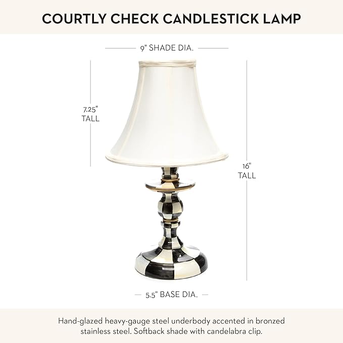 MACKENZIE-CHILDS Candlestick Lamp, Decorative Lamp for Living Room or Bedroom, Black-and-White Courtly Check