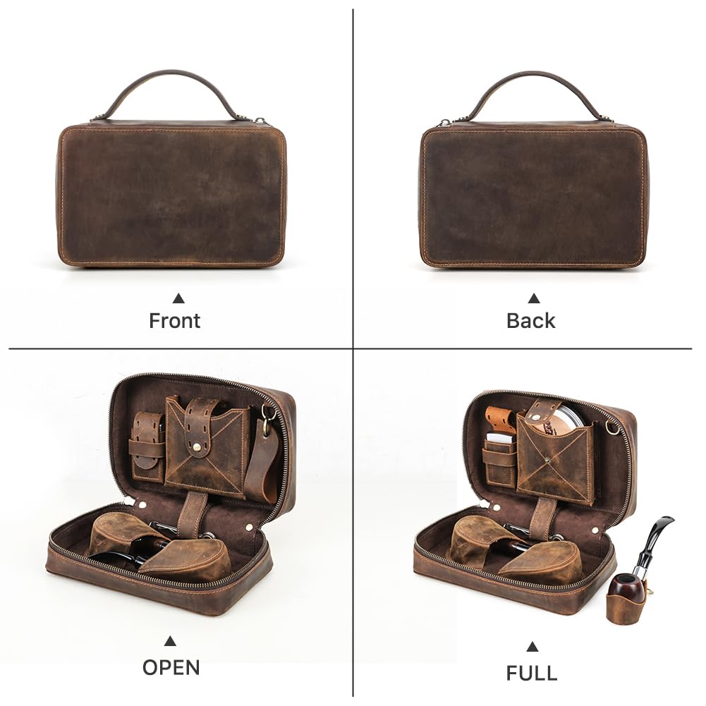 Hiram Leather Pipe Storage Bag Travel Smoking Accessories Organizer Case with Detachable Dual Pipe Holder Cigarette Case Pouch Lighters Pocket & Leather Handle Strap Portable Smoker Supply Carry Bag