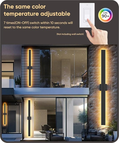 Outdoor Lights 2 Packs,Modern Outdoor Wall Light Fixture Long Strip LED Wall Sconce IP65 Anti Rust 3000K 4000K 6000K Exterior Wall Mount Lights for Entrance, Hallway, Garage, Porch(3CCT)