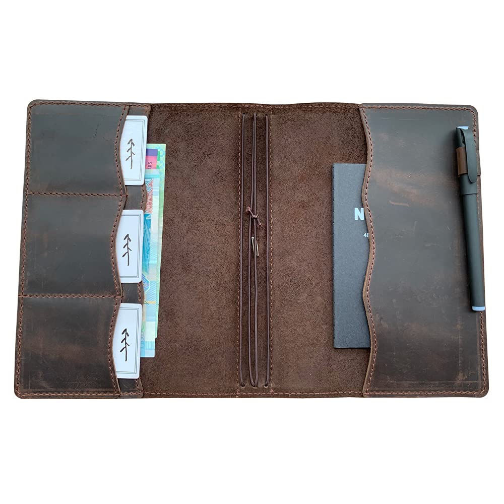 newestor Travelers Notebook Cover with Inner Pockets, Card Slots and Pen Holder, A5 Size, Dark Brown