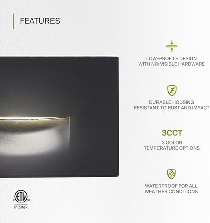 ASD LED Recessed Step Light Fixture, Outdoor & Indoor Stair Tread Lighting | 3CCT, Dimmable, Waterproof, ETL Listed | 3W 120LM 3000K-5000K 120V | Staircase Hardwired Illumination | Black, 4 Pack