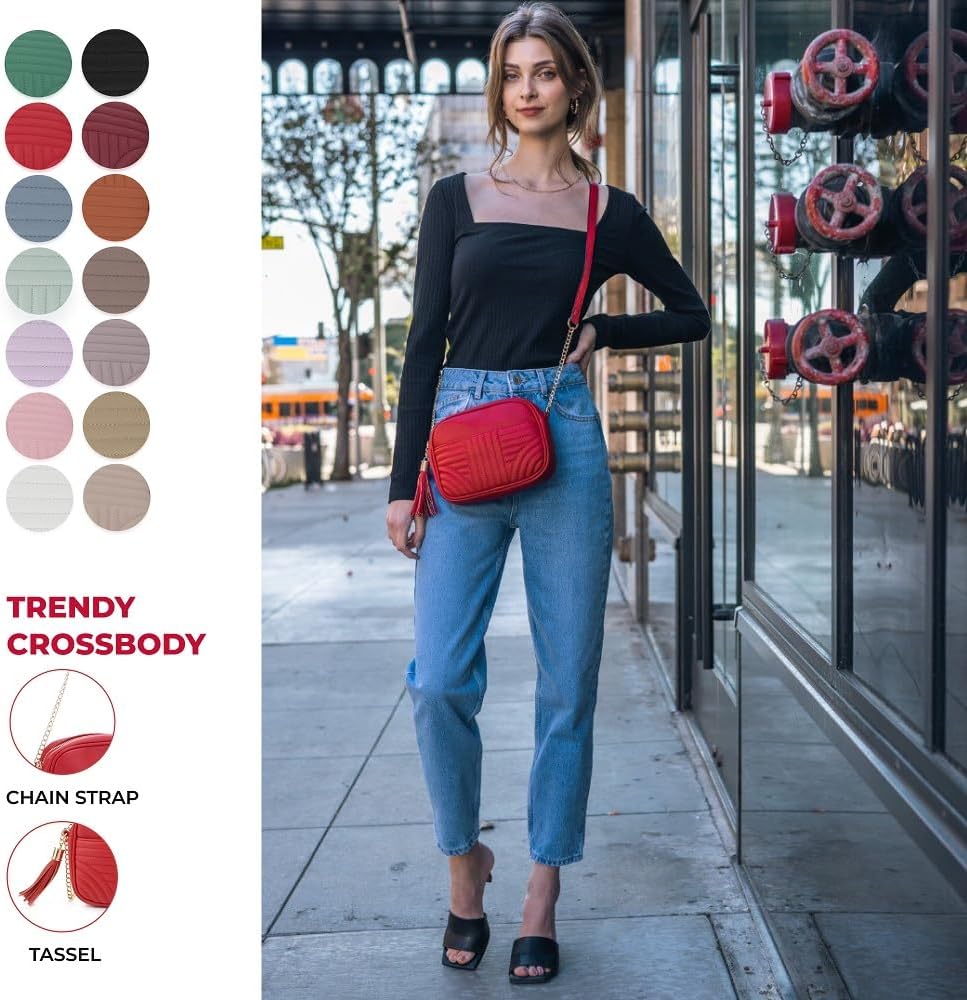 EVVE Quilted Crossbody Bags for Women - Stylish Camera Bag with Tassel - Lightweight Medium Size Shoulder Purse