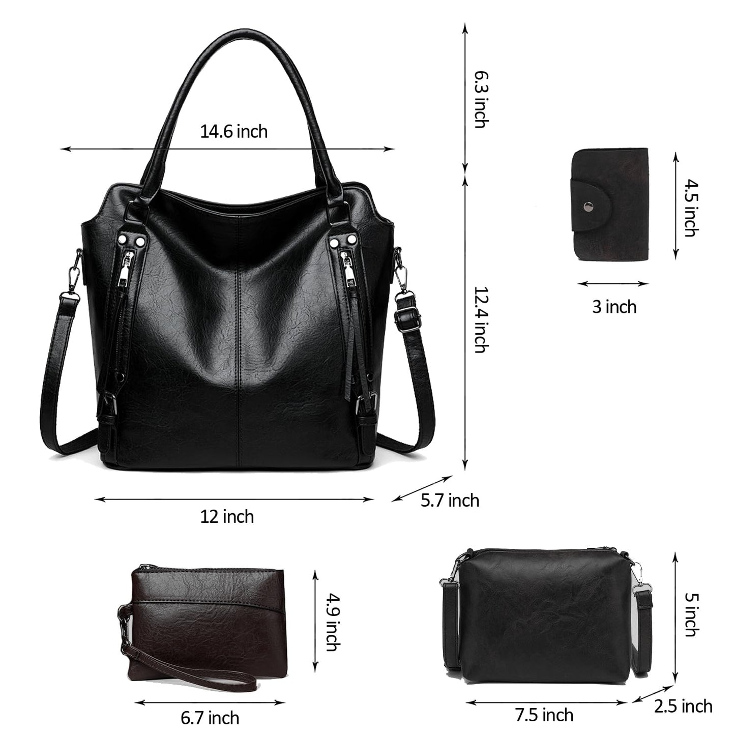 2E-youth Purses for Women Large Tote Women's Handbag Set Faux Leather Hobo Crossbody Bag 4pcs (1A-Black)