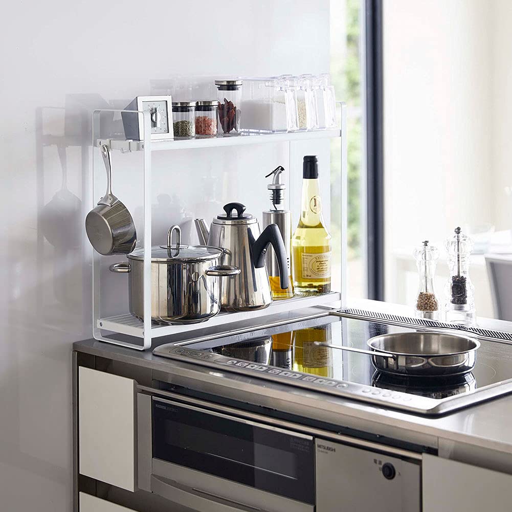 Yamazaki Industries 5150 Horizontal Stove Rack, 2 Tiers, White, Approx. W 20.1 x D 5.5 x H 15.7 inches (51 x 14 x 40 cm), Tower, Gap Storage, Condiment Rack, Holds Pots and Oils, Hooks