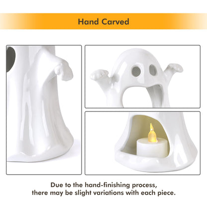 Sunlit Ceramic Ghost with 3 Tea Lights, Spooky Candle Holder Set of 3, Tabletop Indoor Halloween Decorations for Holiday Party Home, Spooky Sculptures Ghost Figurines, White