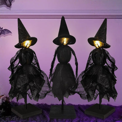 DIYDEC Witch Decorations Indoor 3pcs Primitive Halloween Witch on Wooden Stand with LED Halloween Table Centerpieces Signs for Home Shelf Mantels Kitchen Indoor Decorations Gifts