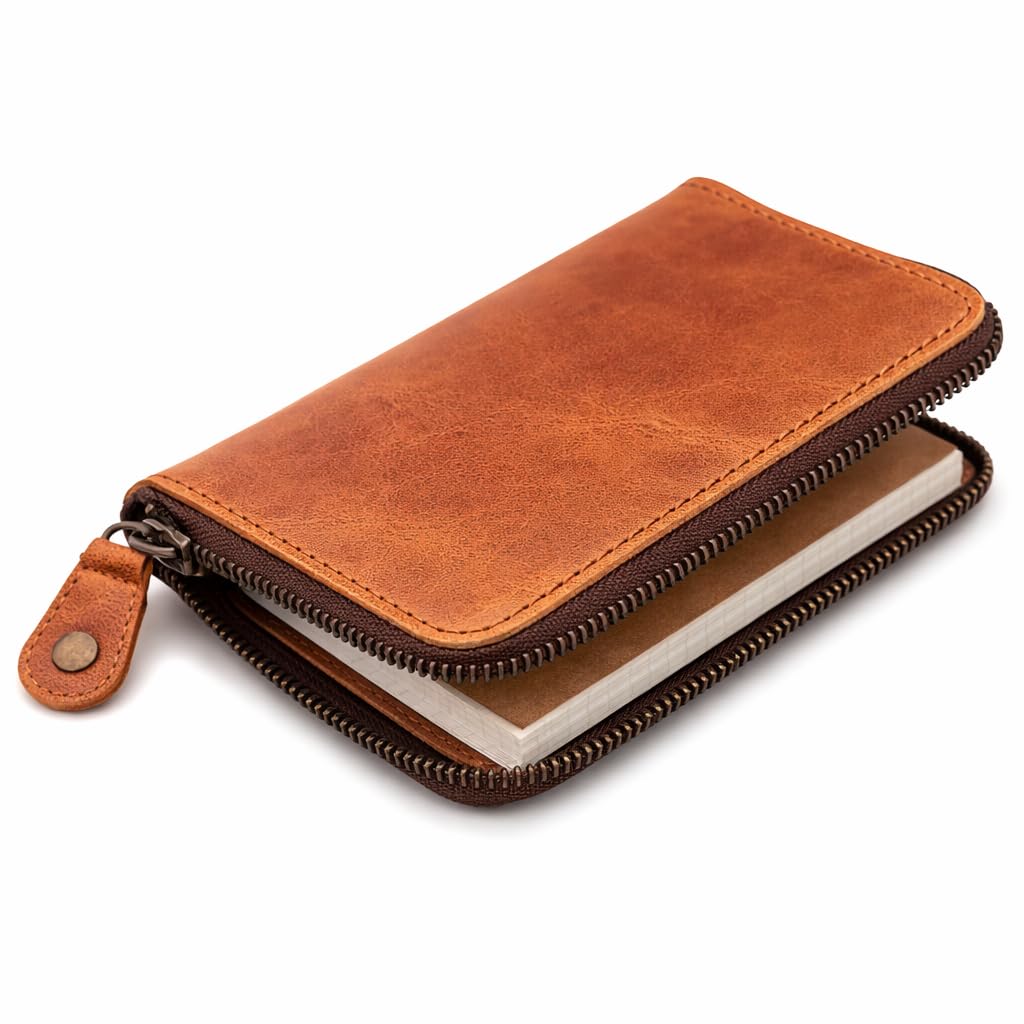 CestAntiQ Zippered Leather Journal Cover Compatible with Moleskine Cahier TWONE Original Kraft Elan Pitch Black Pocket Size 3.5 x 5.5 for Field Notes Notebook Memo Books with Pen Holder Handmade (Tan)