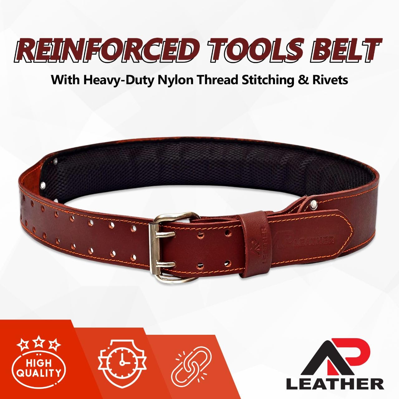 AP LEATHER Pro-501 Oil Tanned Leather Tool Belt for 30" to 52" Waist, Premium Leather with 4MM thickness Tool Belt Padded Work Belt (Maroon)