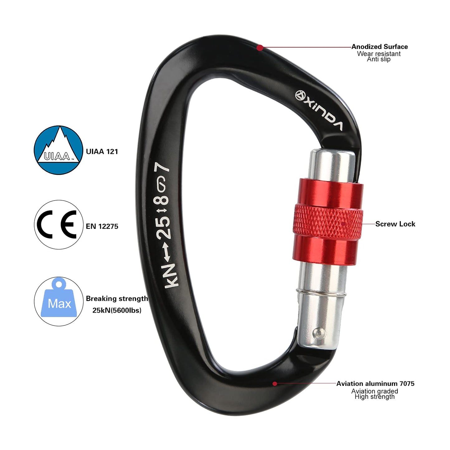 XINDA Screwgate Locking Carabiner Clip - Professional Rock Climbing Carabiner Screw Lock,Heavy Duty Carabiners for Climbing,Mountaineer,Hammock,Camping,Outdoor Equipment (5 pcs Black)
