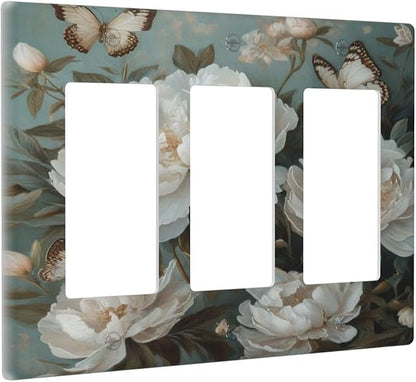 Decorative Art Light Switch Covers Butterflies & Peonies 3 Gang Triple Rocker Outlet Switch plate GFCI Faceplate GFCI for Home Decor