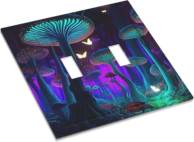 Fantasy Mushroom Forest Glowing Butterfly Double Toggle Light Switch Cover Decorative 2 Gang Wall Plate Electrical Switchplate Faceplate for Bathroom Kitchen Decorate Accessories