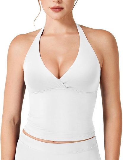 VOYJOY Women's Halter Tank Top Longline V Neck Sleeveless Backless Built in Bra Active Workout Gym Yoga Crop Tops White L