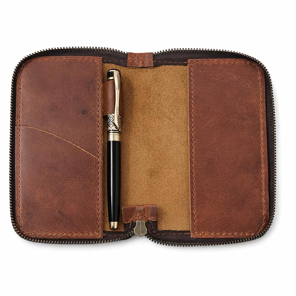 CestAntiQ Zippered Leather Journal Cover Compatible with Moleskine Cahier TWONE Original Kraft Elan Pitch Black Pocket Size 3.5 x 5.5 for Field Notes Notebook Memo Books with Pen Holder Handmade (Tan)