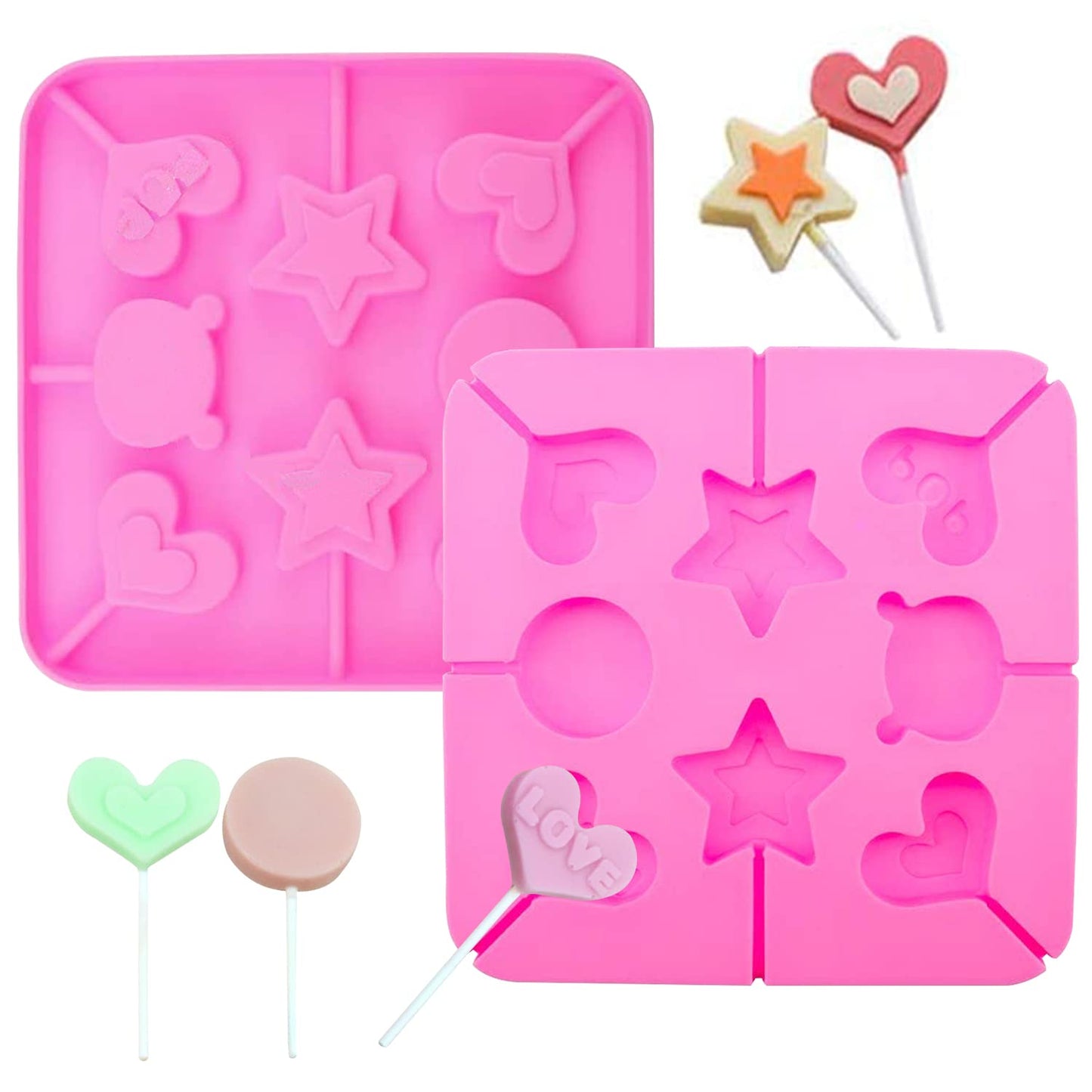 2 Pack Lollipop Molds Silicone Candy Mold Heart Hard Candy Mold Silicone Lolly Pop Tray Suckers Molds for Valentine's Day Hard Candy Chocolate Gummy Sucker Cake with Lollipop Stick