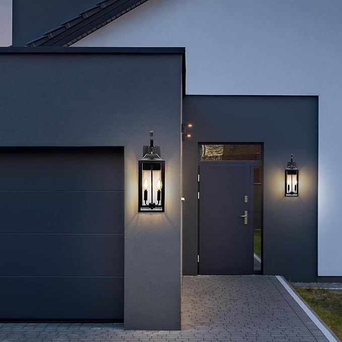 19" Black Outdoor Wall Lantern 2-Light, Large Outside Modern Porch Sconce Light Fixture, Industrial Porch Light Wall Mount with Glass, Waterproof Farmhouse Exterior Lamp Lighting （1 Pack）