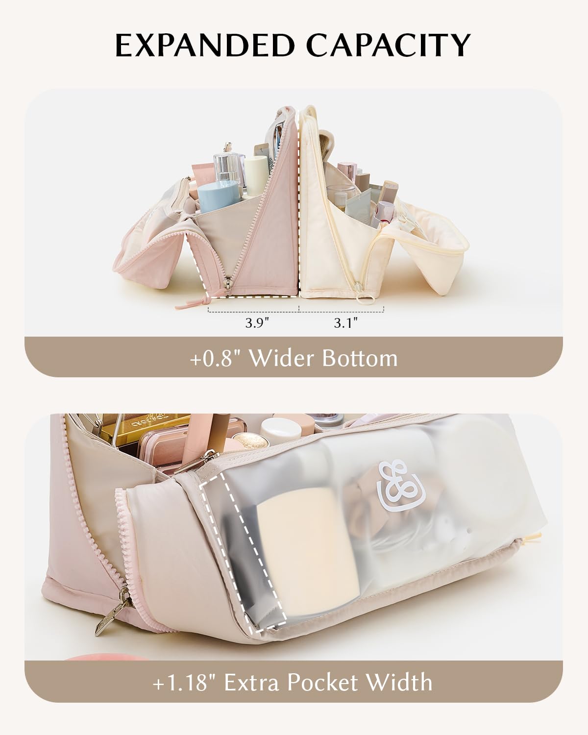 EACHY Standing Makeup Bag - Large Waterproof Cosmetic Bag & Toiletry Bag Organizer with Phone Holder, Detachable Dividers, Wipe-Clean Brush Pouch for Women