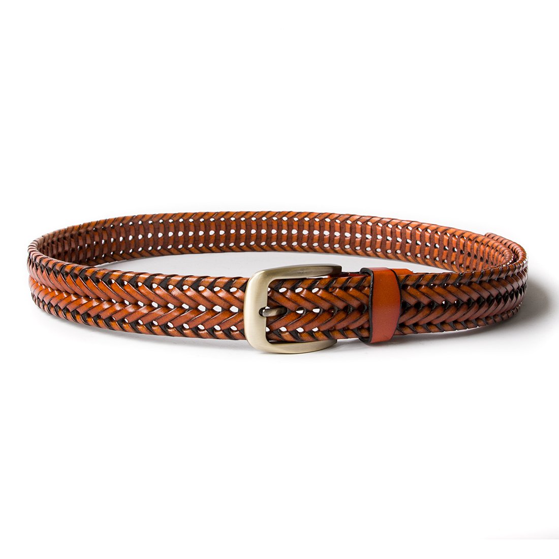 ECHAIN Men Braided Woven Genuine Leather Belt (Waist:34-36, Brown)