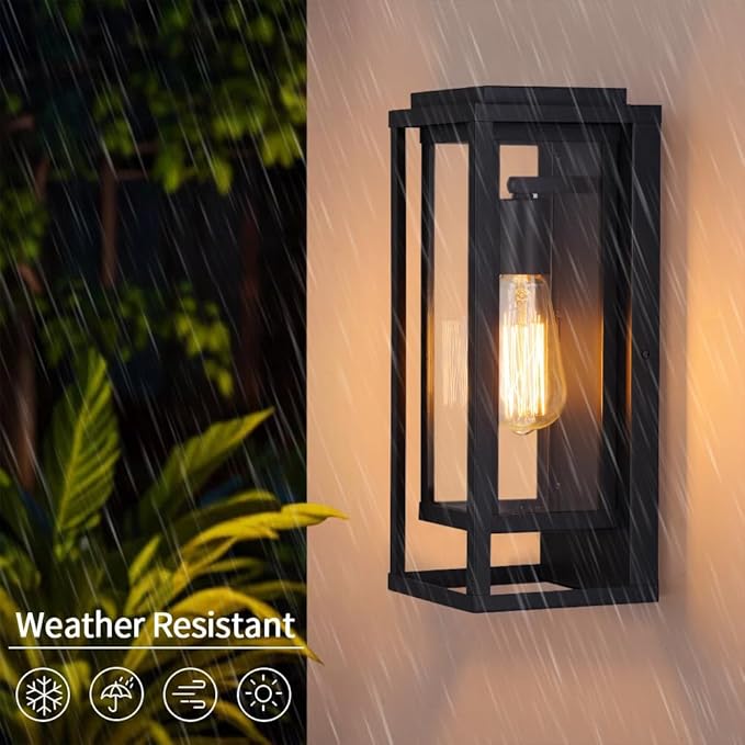 Cerdeco 14” Modern Outdoor Wall Sconce with Rectangular Metal Frame and Transparent Glass Shade,Black Outdoor Lighting for Garage Porch Patio Pack of 2