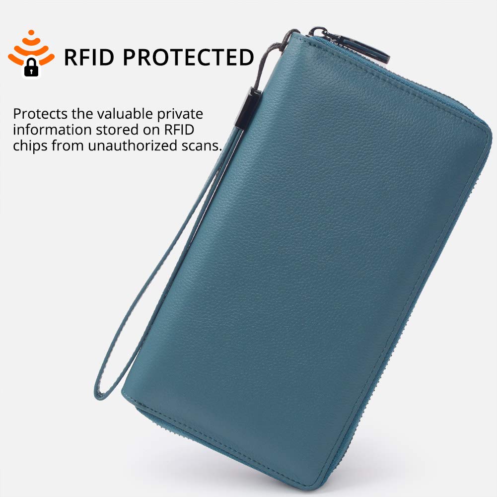 Bveyzi Women RFID Blocking Wallet Leather Zip Around Phone Clutch Large Capacity Ladies Travel Purse Wristlet (Lake Blue)