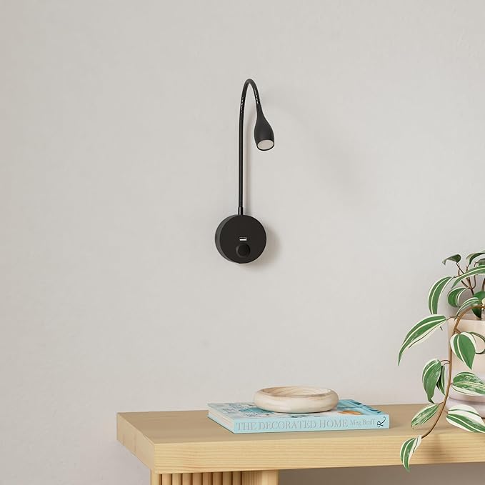 Dimmable Bedside Plug in Reading Light, Minimalist LED Bed Reading Lamp Headboard Wall Surface Mount Sconce with USB Charger (Matte Black)