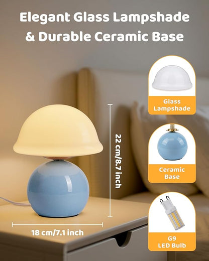 Mushroom Lamp Bedside Table Lamp for Bedroom, Cute Small Lamps with Glass Lampshade, Nightstand Lamp with Dimmer for Living Room Kitchen Apartments Offices Desk Shelves (Blue)