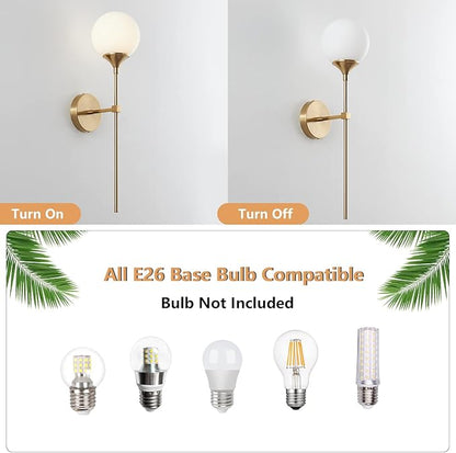 KCO Mid-Century Modern Wall Mounted Sconces Set of 2 Brushed Gold Globe Vanity Light Fixture Long Arm Industrial Bathroom Lighting Fixtures Over Mirror (White)