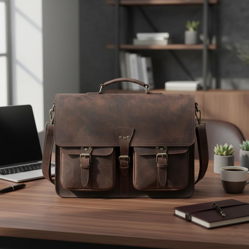 Vintage Leather Messenger Bag for Men & Women, Multi-Pocket Briefcase Satchel, 16 Inch Laptop Shoulder Bag – Brown (Vintage Brown, 16 inch Medium)