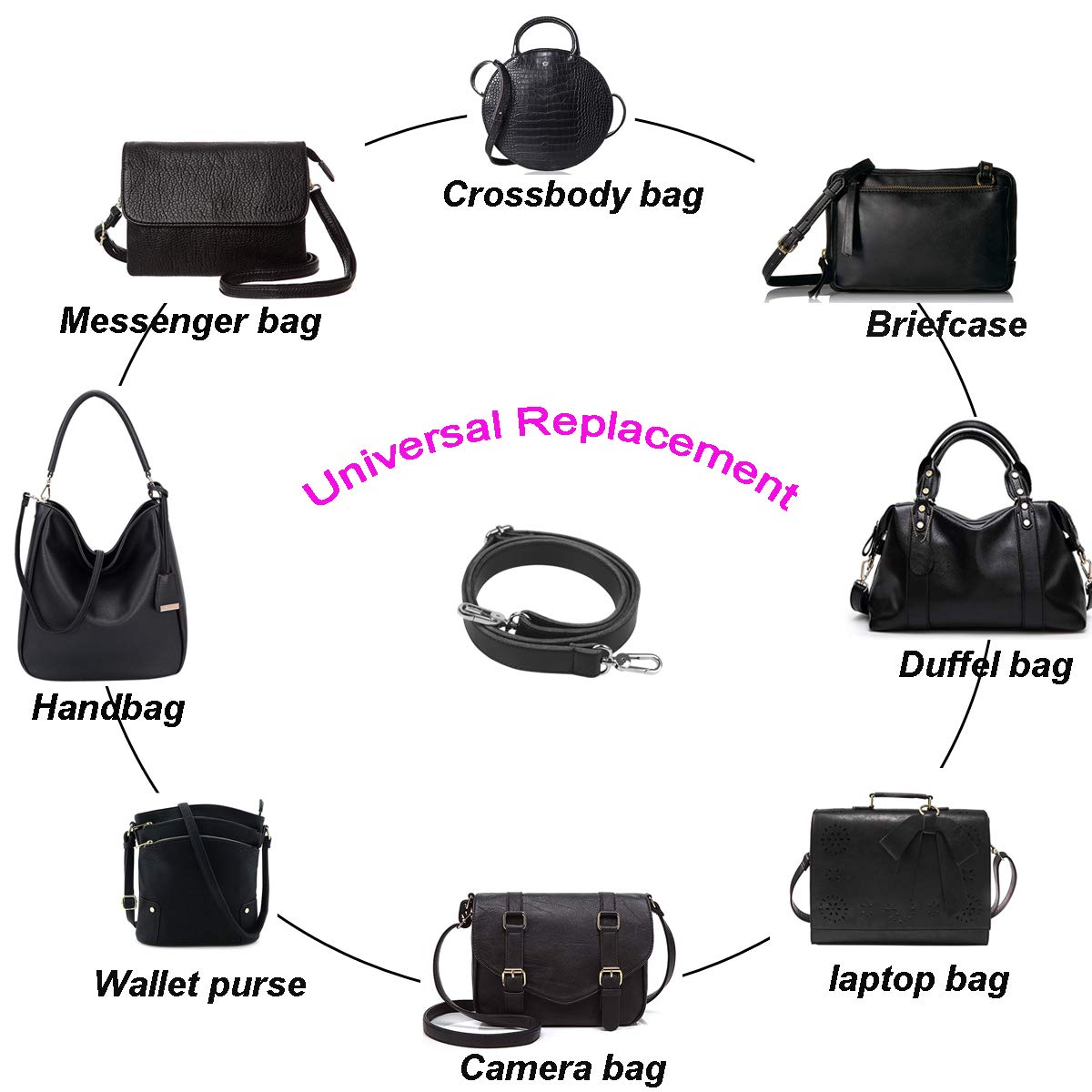 BOMKEE Purse Straps Bag Shoulder Leather Strap Replacement 61 Inch Synthetic Messenger Bag Strap with Metal Swivel Hooks for Bag Wallet DIY Purse (Black)