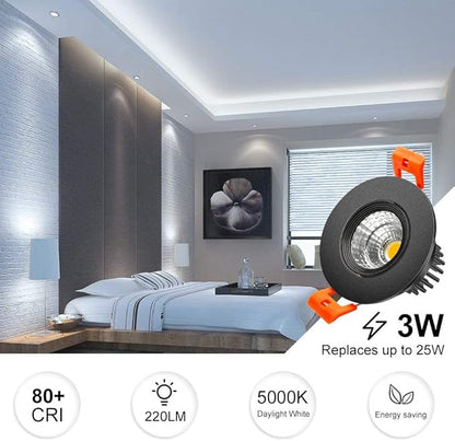 2 Inch Downlight, 3W Recessed LED Lighting COB Dimmable, 5000K Daylight White, CRI80, Black Trim, Ceiling Lights With Driver, 1 Pack