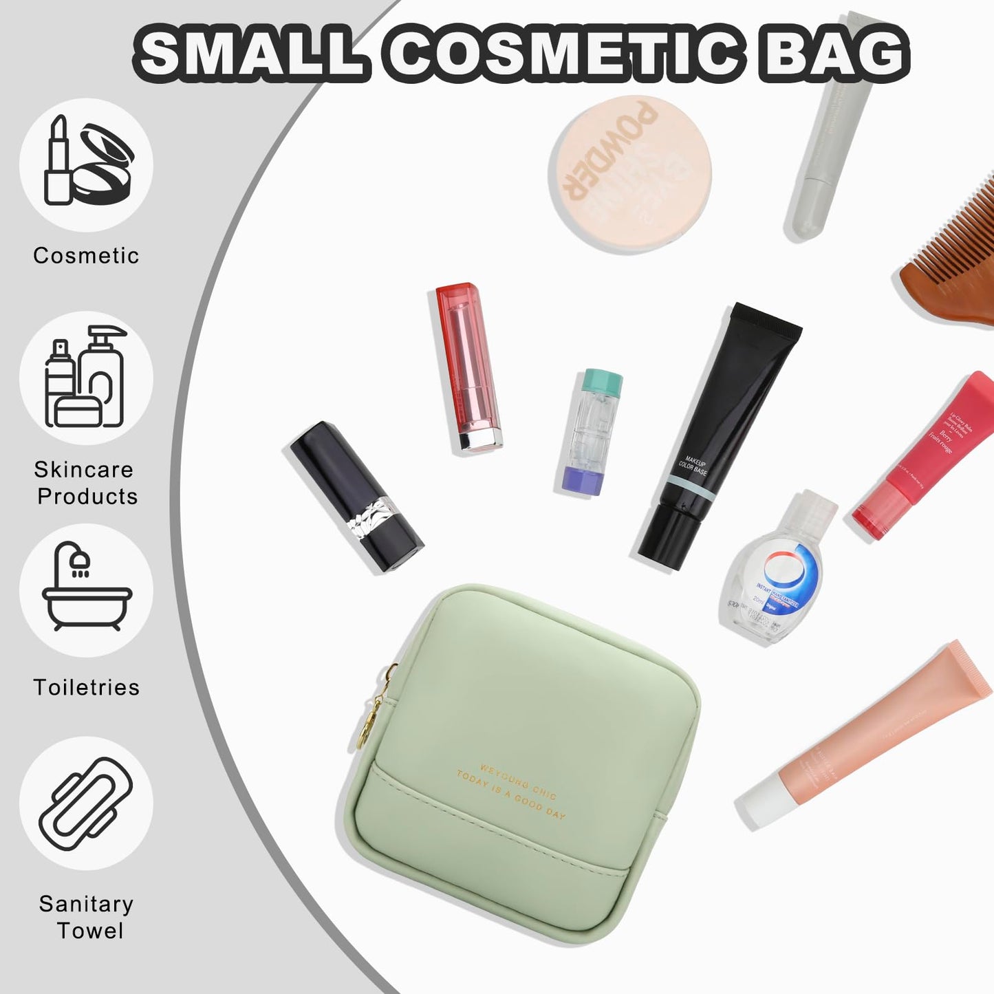 JINSI Small Makeup Bag for Purse,PU Leather Cute Travel Cosmetic Pouch Mini Make Up Bag for Organizer Toiletry Case for Women Girls with Interior Pockets and Zipper (Green)