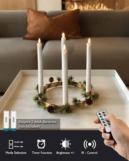 Homemory Real Waxy Flameless Taper Candles with Remote Timer, LED Candlesticks Flickering, Battery Operated Candles, 9.6 Inches for Home Christmas Wedding Celebration Decor, White, Pack of 6