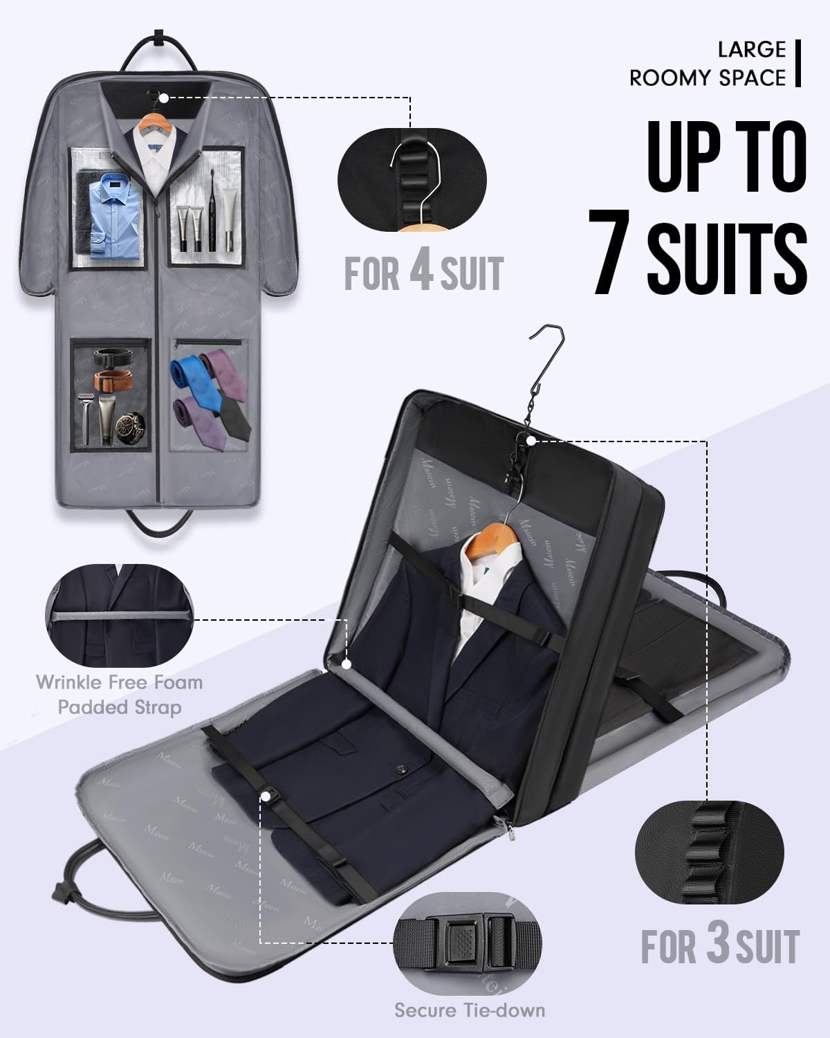 MATEIN Mens Garment Bags for travel, Large Travel Suit Bag Up to 7 Suits with Strap, Wrinkle Free Carry On Garment Bags for Hanging Clothes, Business Suitcase Luggage Bag Fit 17.3 Inch Laptop, Black