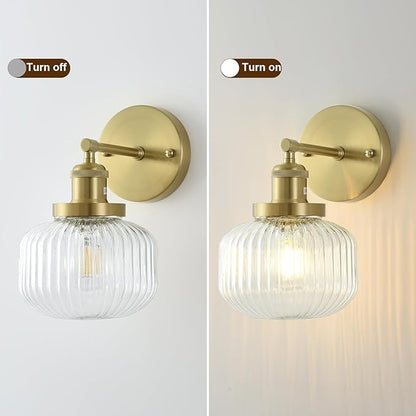 Vintage Wall Sconces with Clear Pumpkin Glass Lampshade, Indoor Bath-Room Wall Sconce, Modern Gold Industrial Lighting Fixture for Mirror Living Room Hallway 2 Pack