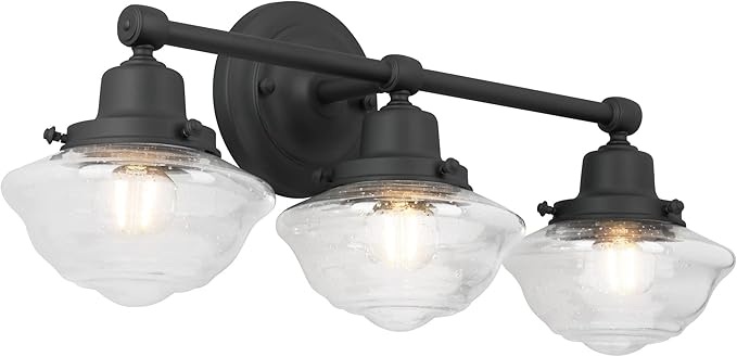 Design House Vintage-Inspired Schoolhouse 3-Light Dimmable Vanity Light, 23.125 in x 7.625 in x 9.5 in, Matte Black, Clear Seeded Glass Shades, 589143-BLK