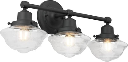 Design House Vintage-Inspired Schoolhouse 3-Light Dimmable Vanity Light, 23.125 in x 7.625 in x 9.5 in, Matte Black, Clear Seeded Glass Shades, 589143-BLK