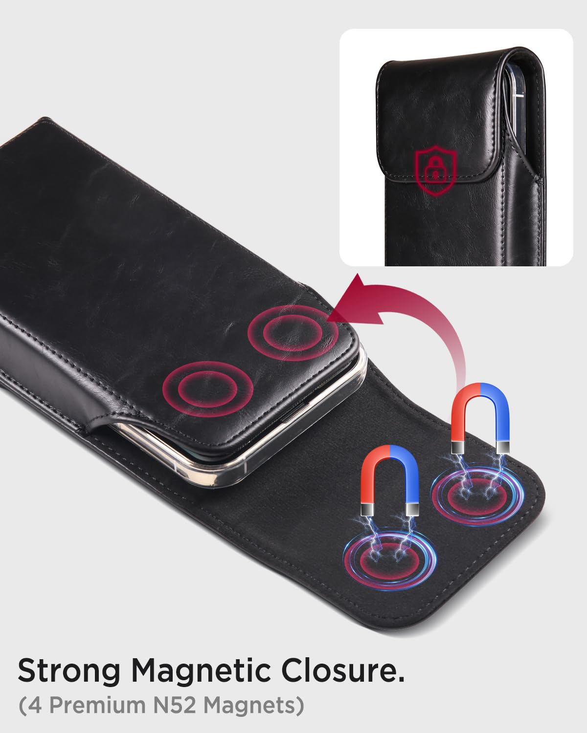 Miimall Cell Phone Holster for iPhone 17, 17 Pro 16, 16 Pro 15, 15 Pro 14, 14 Pro 13, 13 Pro 12, 12 Pro 11, 11Pro XR, Leather Cell Phone Belt Holder Pouch for Galaxy S26 S25 S24 S23 S22, Black-Medium